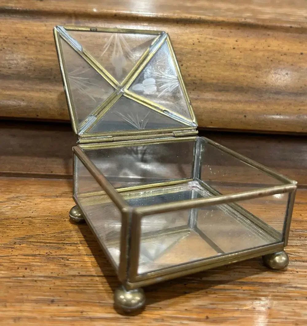 Vintage Brass and Etched Glass Footed Trinket Box with Mirrored Bottom